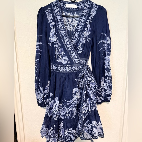 zimmermann blue long sleeve dress Silk Wrap Mini Dress Ice Blue